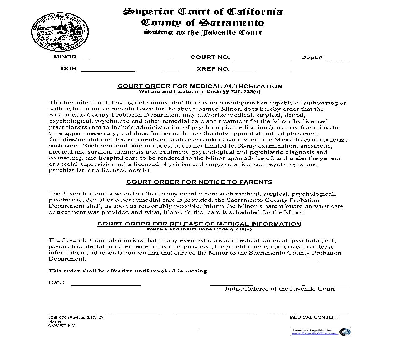 Court Order For Medical Authorization {JC-E-670} | Pdf Fpdf Doc Docx | California