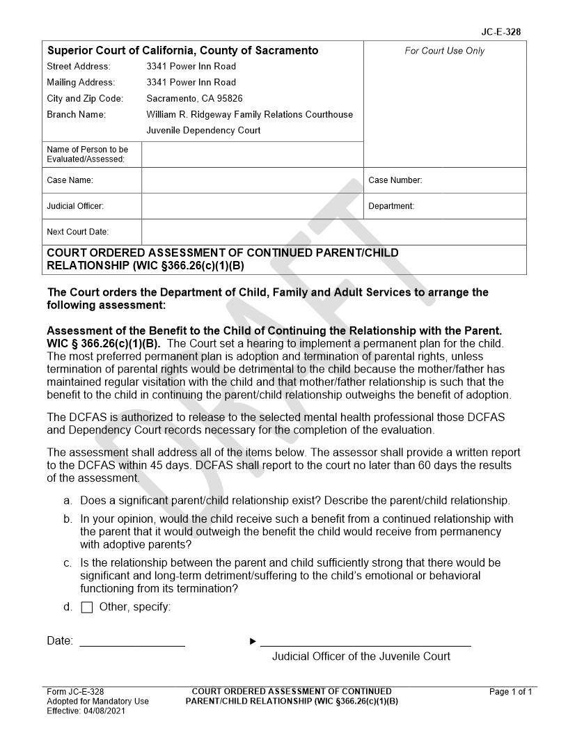 Court Ordered Assessment Of Continued Parent-Child Relationship {JC-E-328} | Pdf Fpdf Docx | California