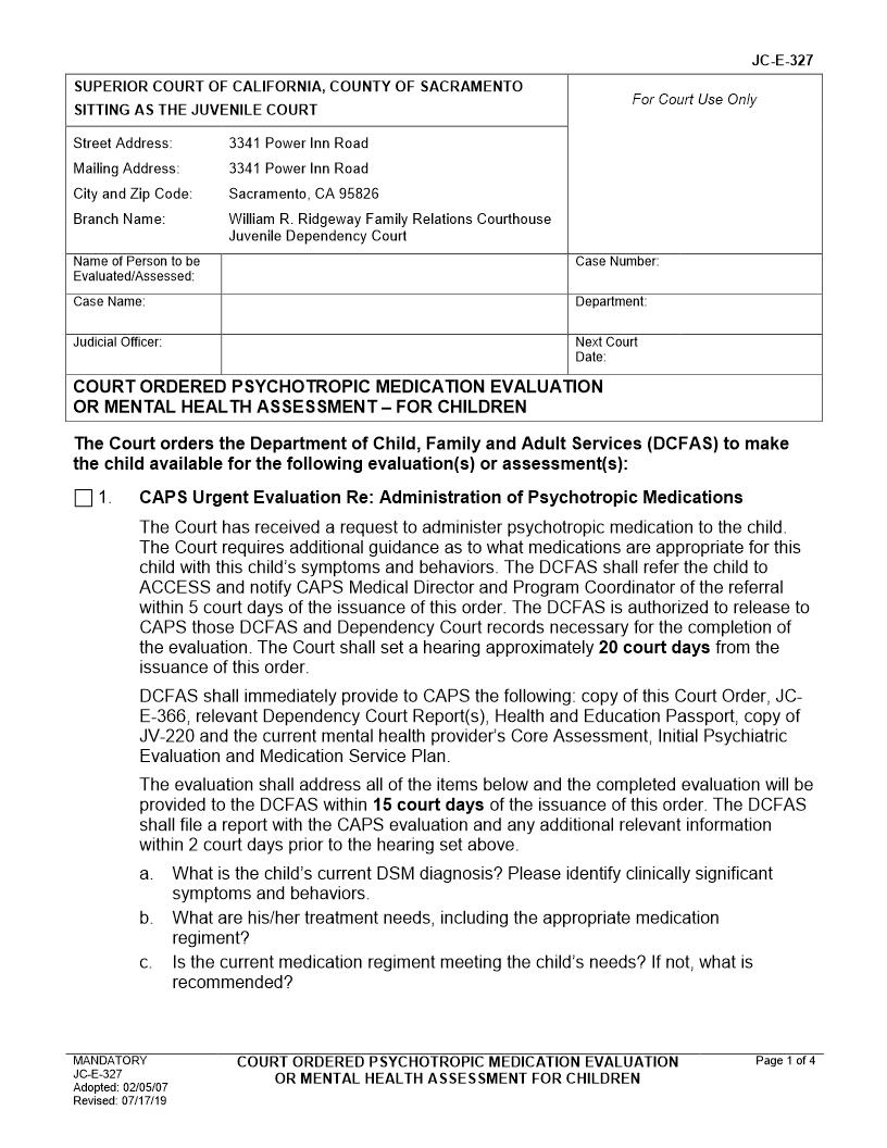 Court Ordered Pyschological-Psychiatric Evaluation Or Mental Health Assessment-For Children {JC-E-327} | Pdf Fpdf Docx | California