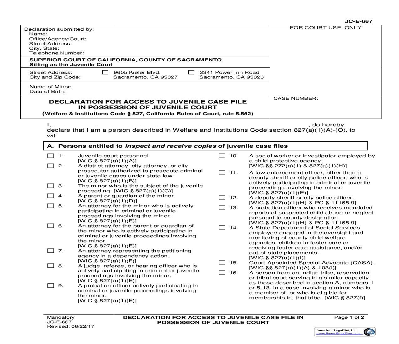 Declaration For Access To Juvenile Case File In Possession Of Juvenile Court {JC-E-667} | Pdf Fpdf Doc Docx | California
