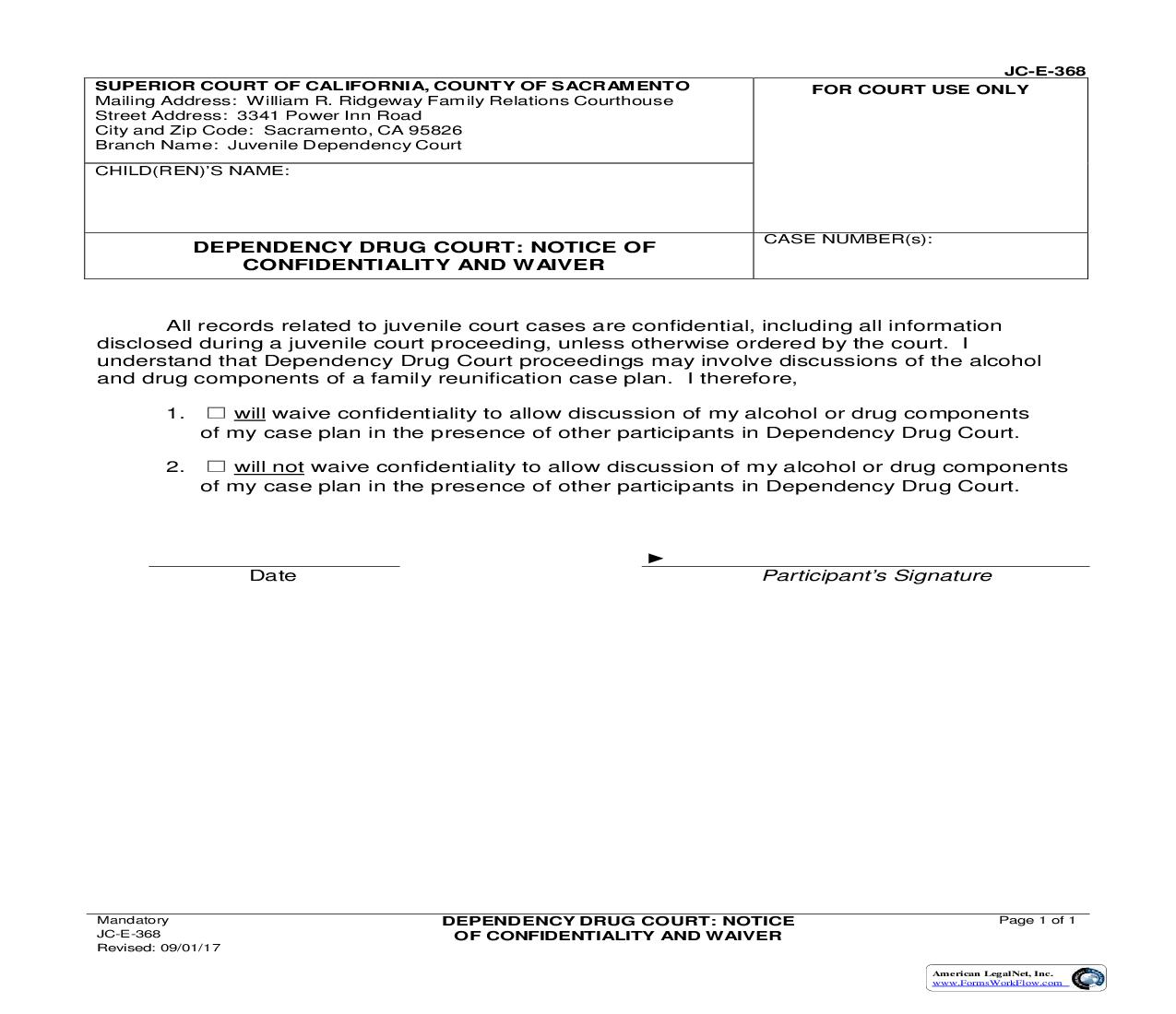 Dependency Drug Court-Notice Of Confidentiality And Waiver {JC-E-368} | Pdf Fpdf Doc Docx | California