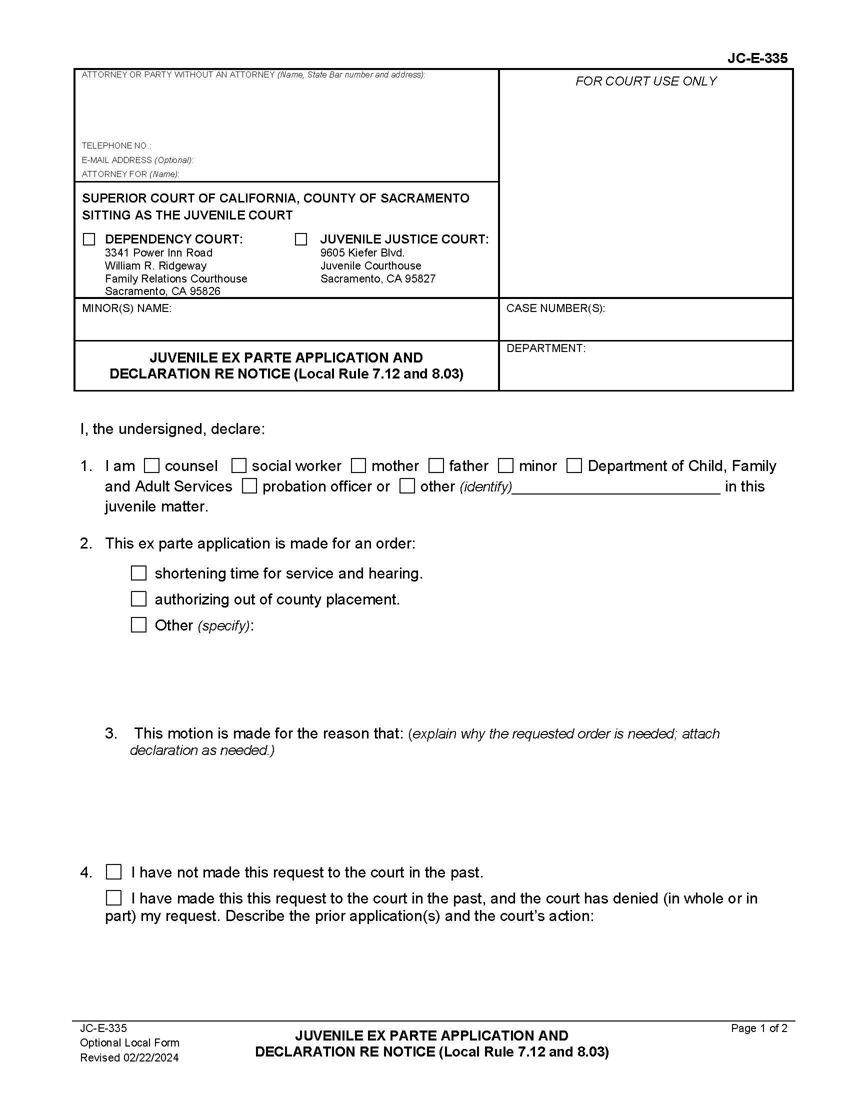 Juvenile Dependency Ex Parte Application {JC-E-335} | Pdf Fpdf Doc Docx | California
