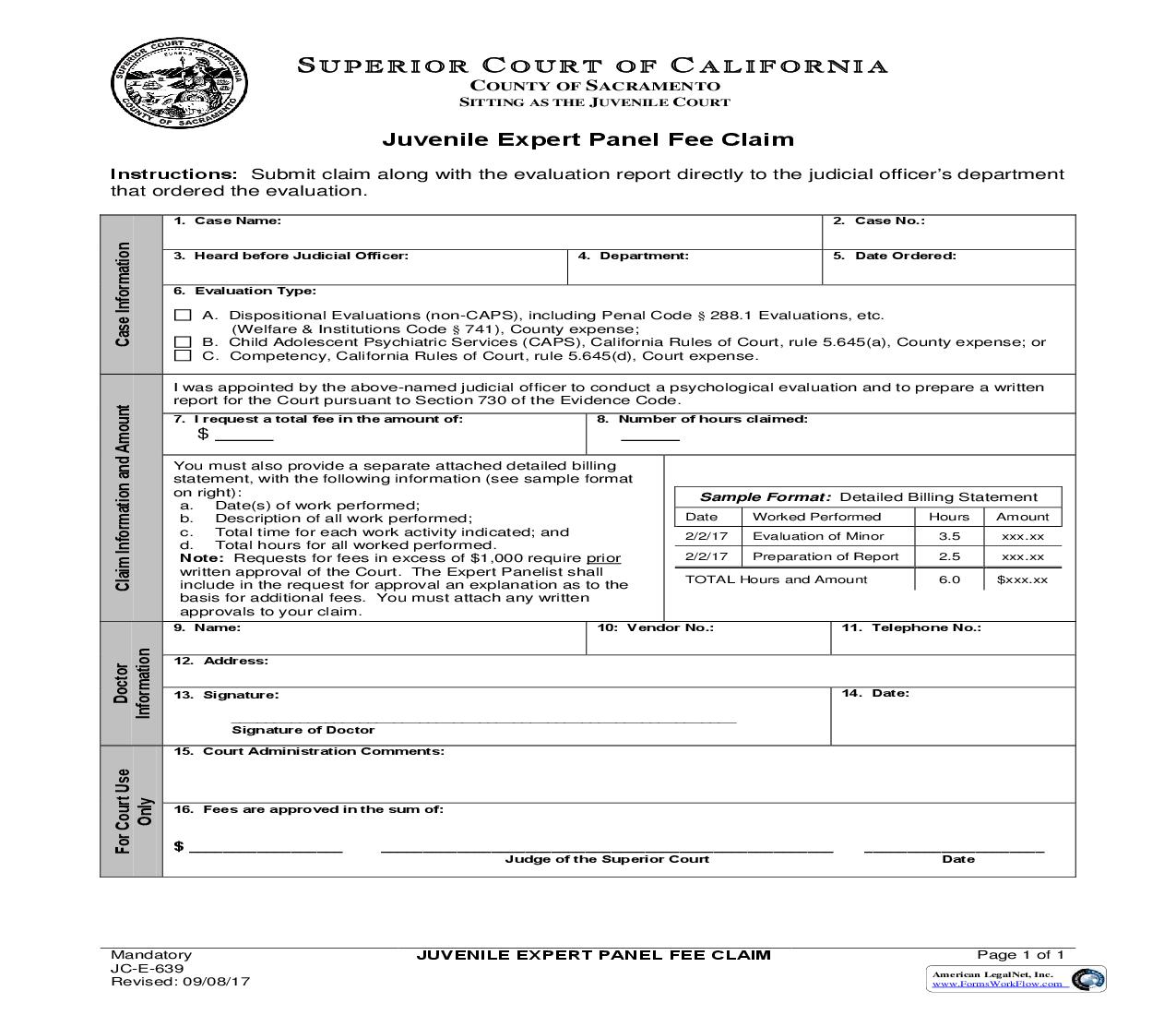 Juvenile Expert Panel Fee Claim Form {JC-E-639} | Pdf Fpdf Doc Docx | California