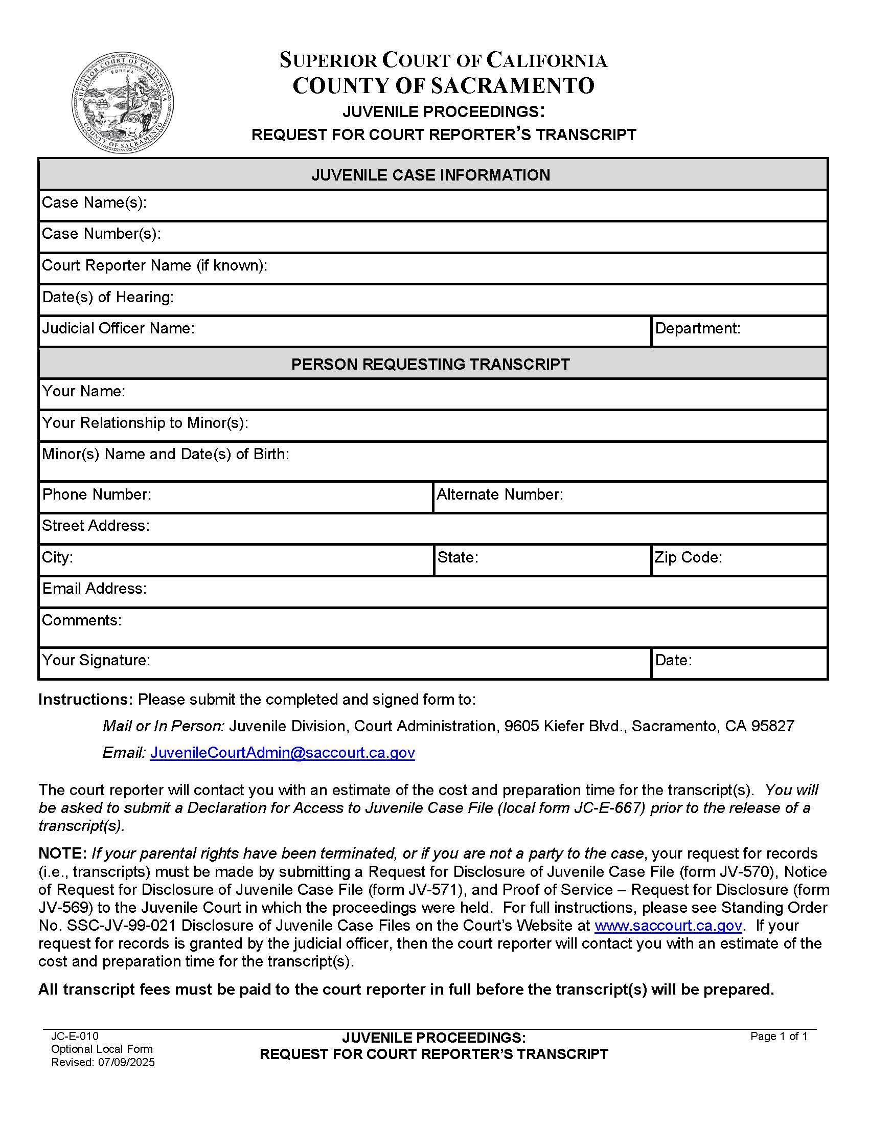 Juvenile Proceedings-Request For Court Reporters Transcript {JC-E-010} | Pdf Fpdf Docx | California