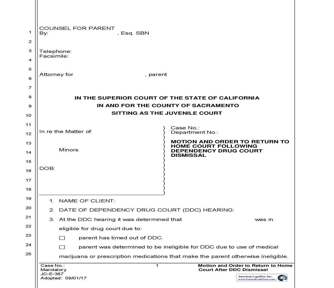 Motion And Order To Return To Home Court Following Dependency Drug Court  {JC-E-367} | Pdf Fpdf Doc Docx | California