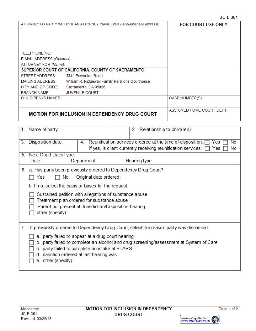 Motion For Inclusion In Dependency Drug Court {JC-E-361} | Pdf Fpdf Docx | California