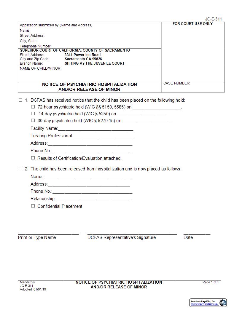 Notice Of Psychiatric Hospitalization And-Or Release Of Minor {JC-E-311} | Pdf Fpdf Docx | California