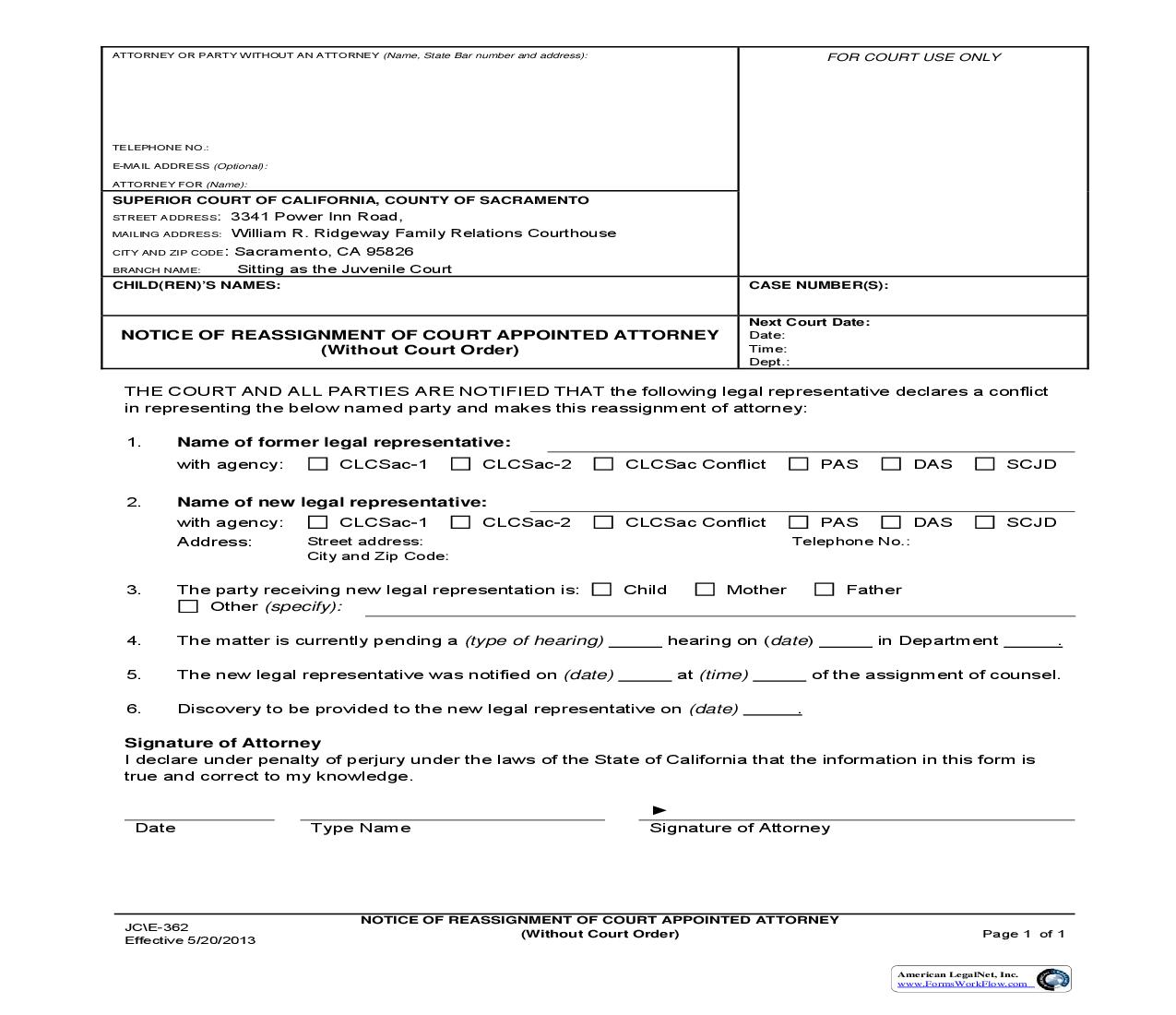 Notice Of Reassignment Of Court Appointed Attorney (Without Court Order) {JC-E-362} | Pdf Fpdf Doc Docx | California