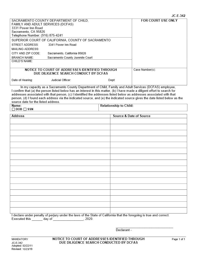 Notice To Court Of Due Diligence Of Mailing (WIC 291) {JC-E-342} | Pdf Fpdf Docx | California