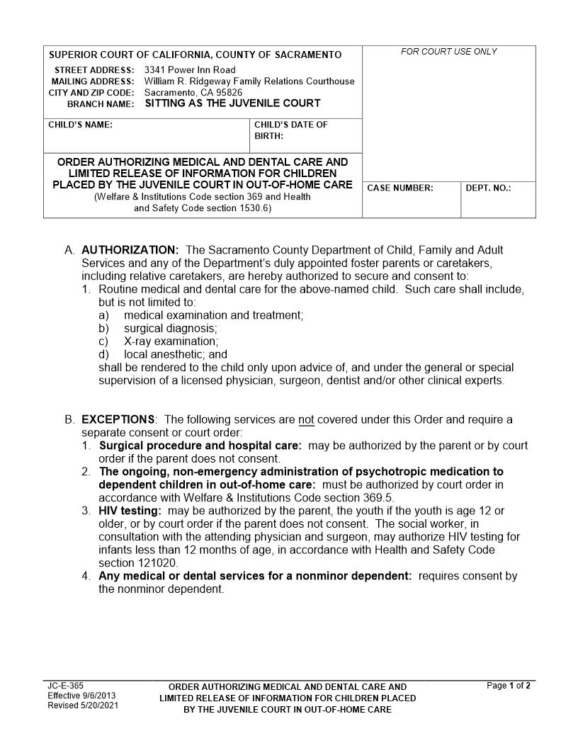 Order Authorizing Medical And Dental Care And Limited Release Of Information {JC-E-365} | Pdf Fpdf Docx | California