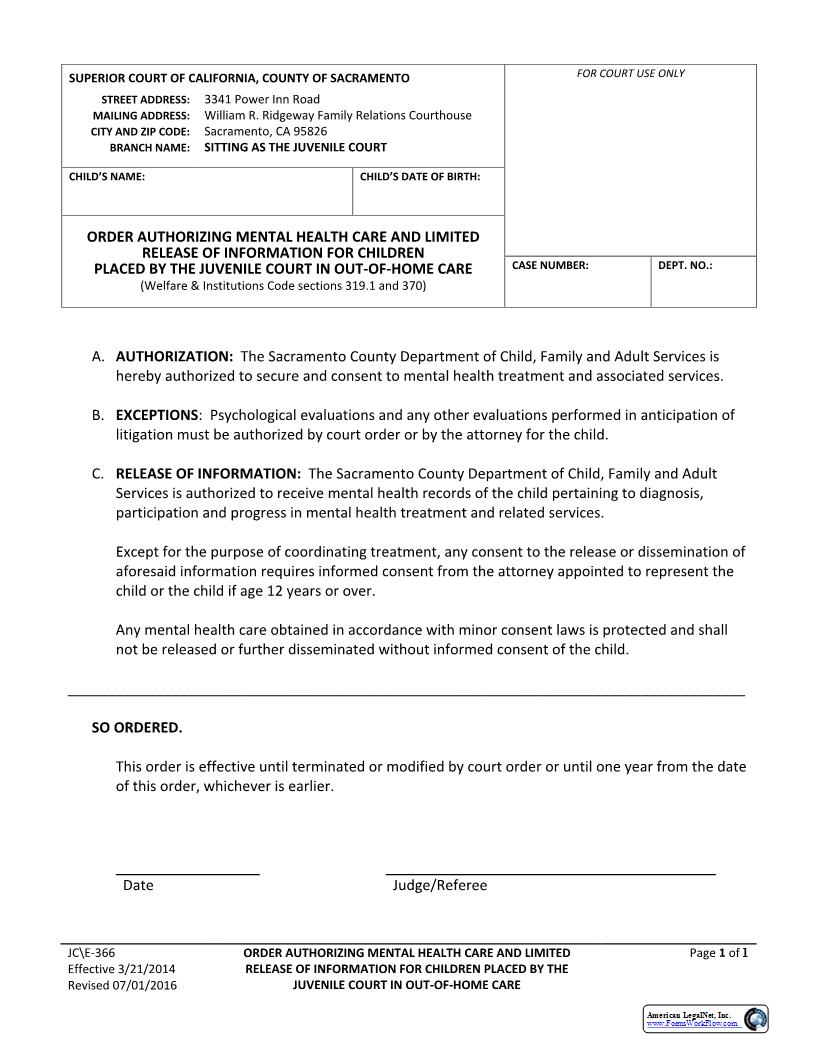 Order Authorizing Mental Health Care {JC-E-366} | Pdf Fpdf Docx | California
