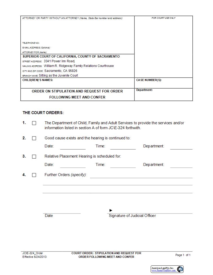 Order On Stipulation And Request For Order Following Meet And Confer {JC-E-324} | Pdf Fpdf Docx | California