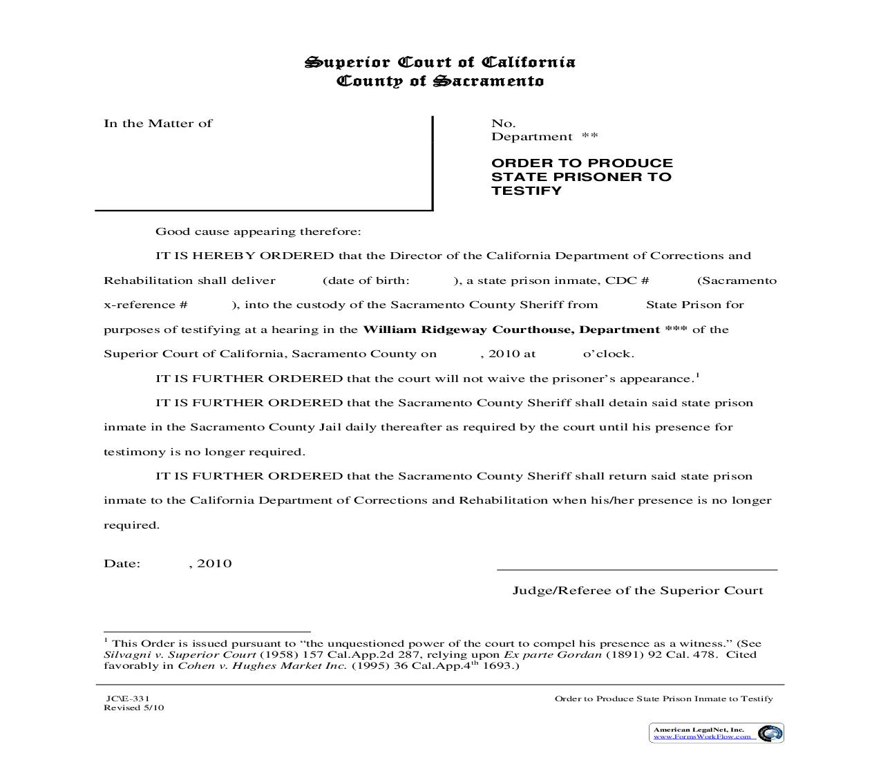 Order To Produce State Prisoner To Testify {JC-E-331} | Pdf Fpdf Doc Docx | California