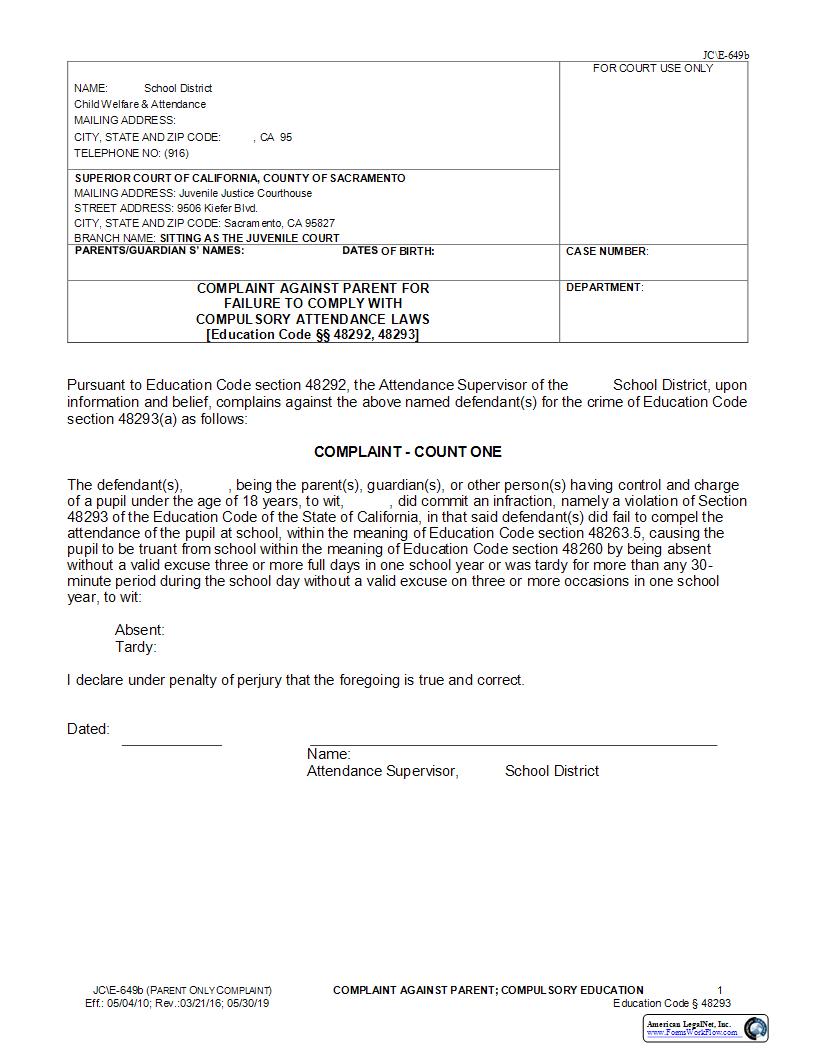 Parent Complaint-Truancy (Complaint Against Parent For Failure To Comply) {JC-E-649b} | Pdf Fpdf Docx | California