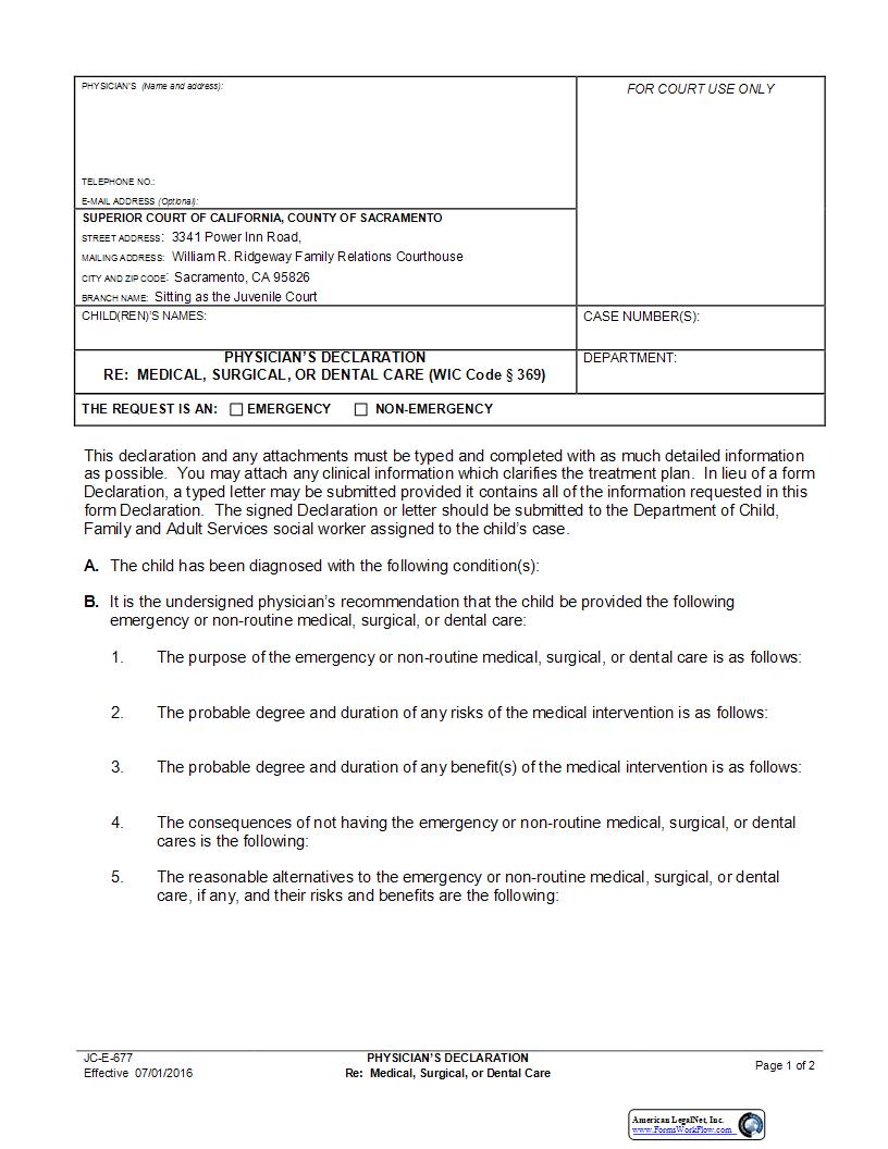 Physicians Declaration Re Medical Surgical Or Dental Care {JC-E-677} | Pdf Fpdf Docx | California