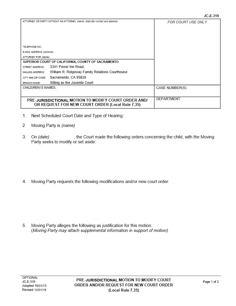 Pre-Jurisdictional Motion To Modify Court Order And-Or Request For New Court Order {JC-E-319} | Pdf Fpdf Docx | California