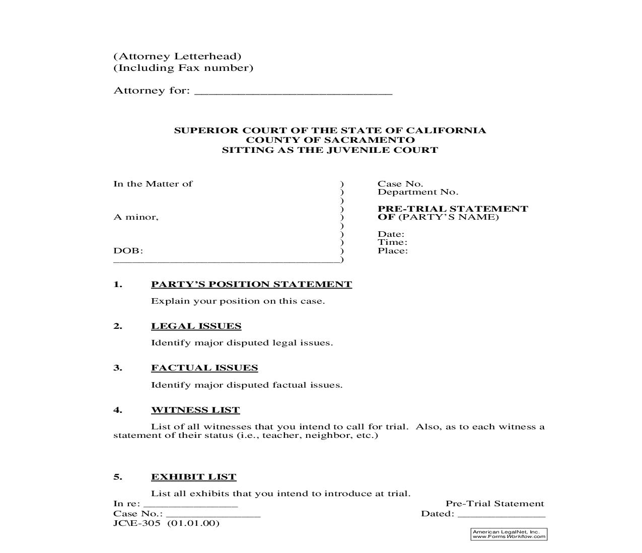 Pre-Trial Statement {JC-E-305} | Pdf Fpdf Doc Docx | California