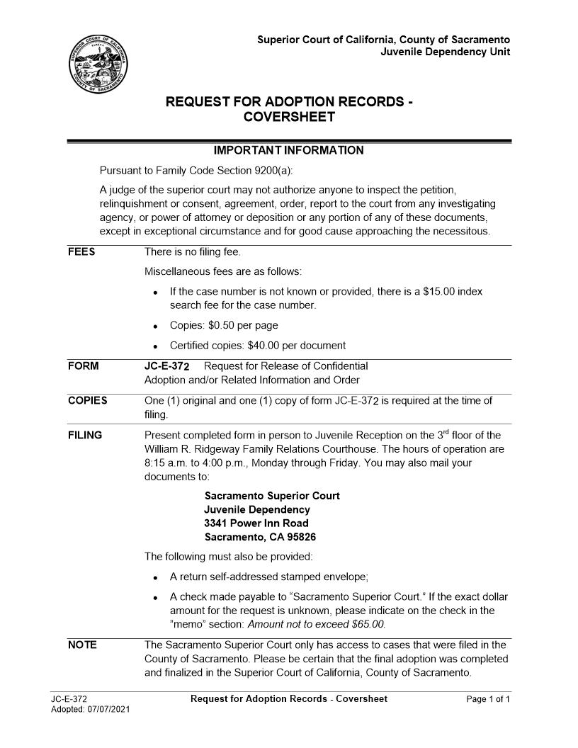 Request And Order For Adoption Records {JC-E-372} | Pdf Fpdf Docx | California