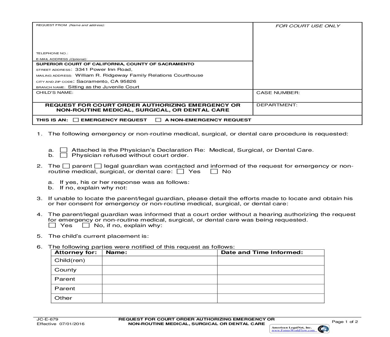 Request For Court Order Authorizing Emergency Or Non-Routine Medical Surgical {JC-E-679} | Pdf Fpdf Doc Docx | California