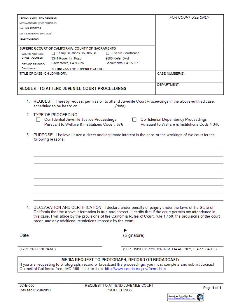 Request To Attend Juvenile Court Proceedings {JC E-006} | Pdf Fpdf Docx | California