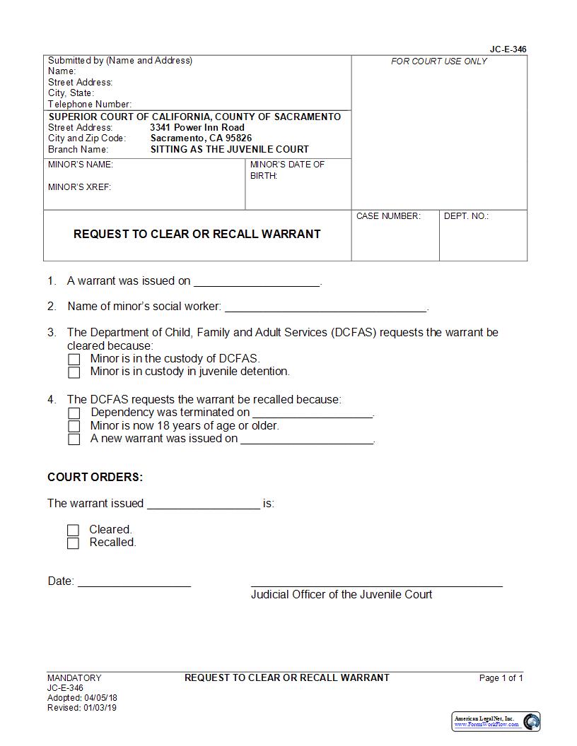 Request To Clear Or Recall Warrant {JC-E-346} | Pdf Fpdf Docx | California