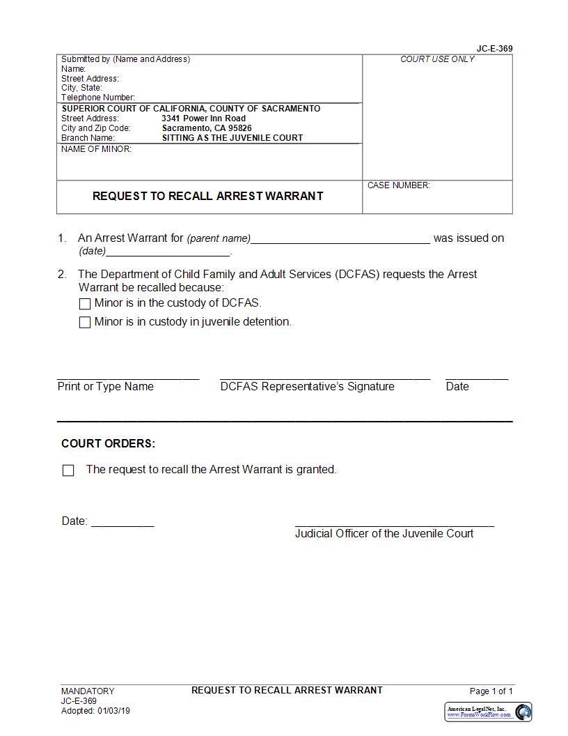 Request To Recall Arrest Warrant {JC-E-369} | Pdf Fpdf Docx | California