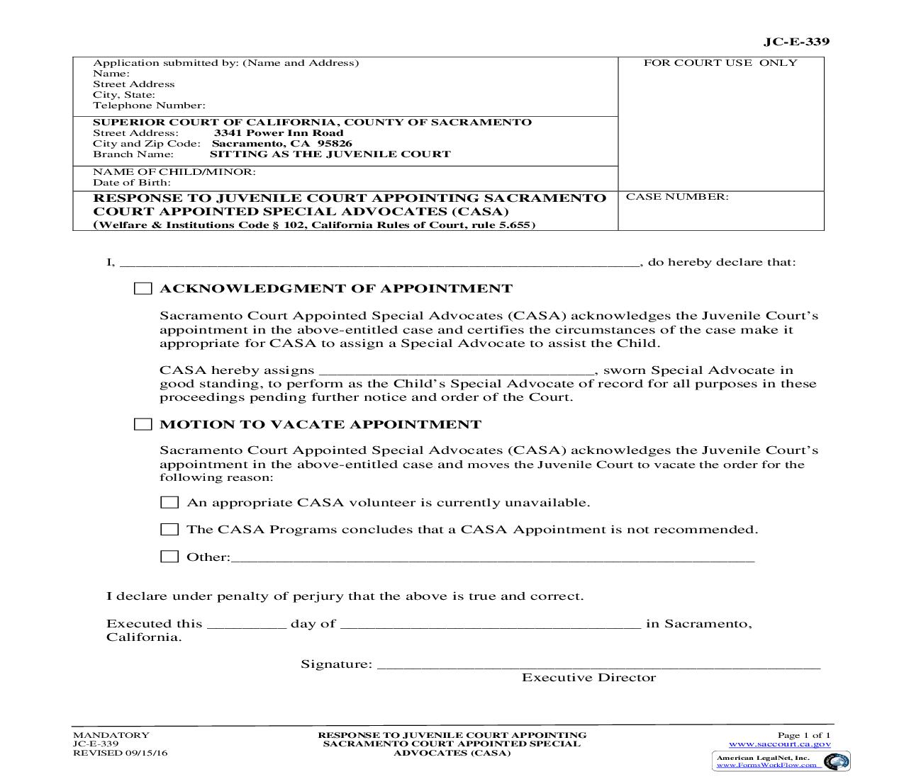 Response To Juvenile Court Appointing CASA {JC-E-339} | Pdf Fpdf Doc Docx | California