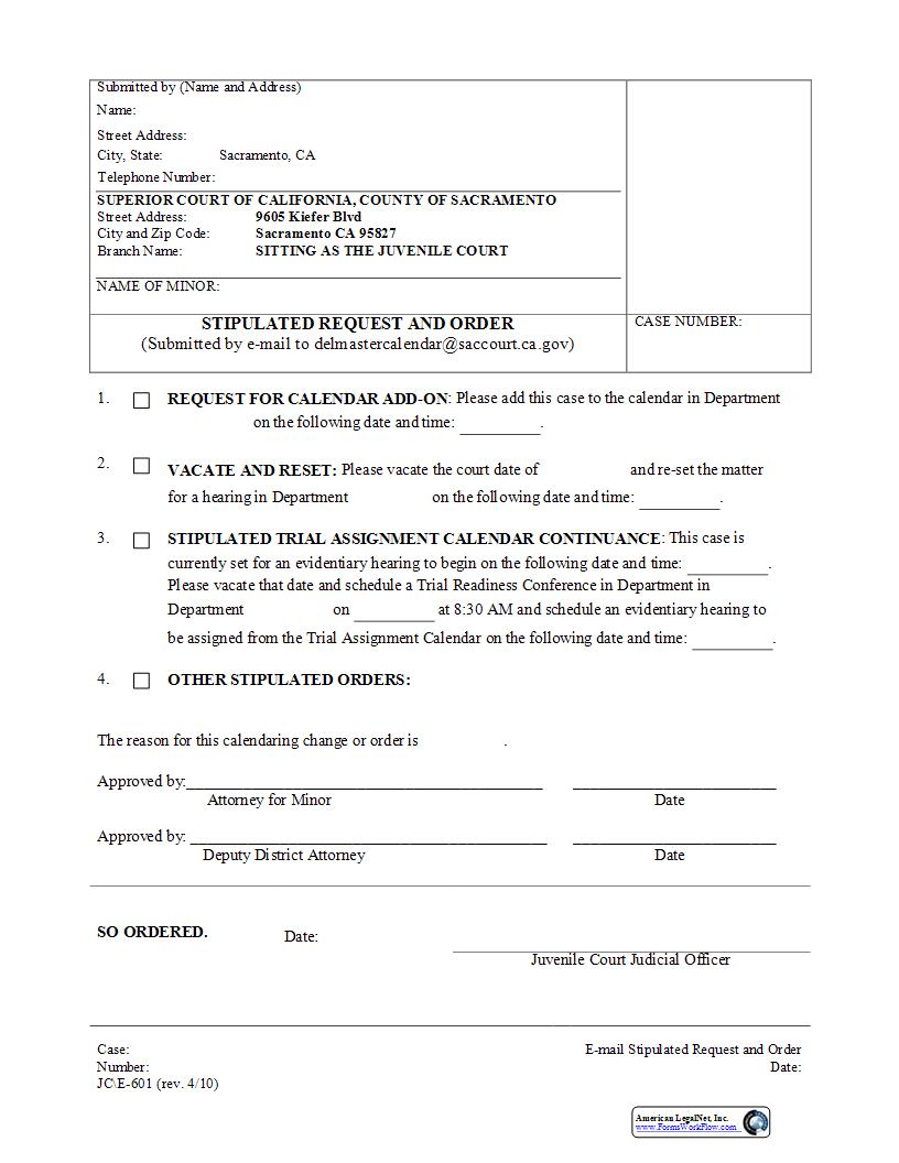 Stipulated Request And Order {JC-E-601} | Pdf Fpdf Docx | California