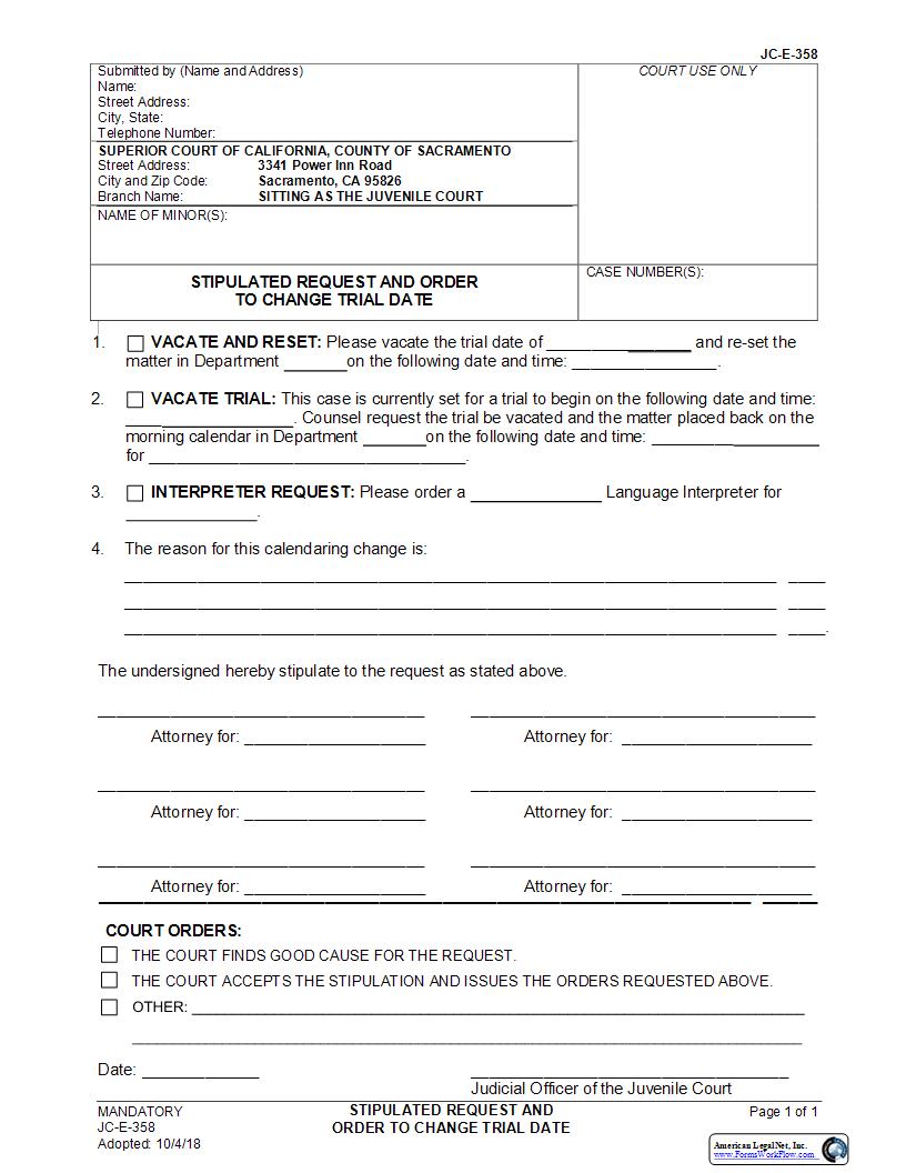 Stipulated Request And Order To Change Trial Date {JC-E-358} | Pdf Fpdf Docx | California