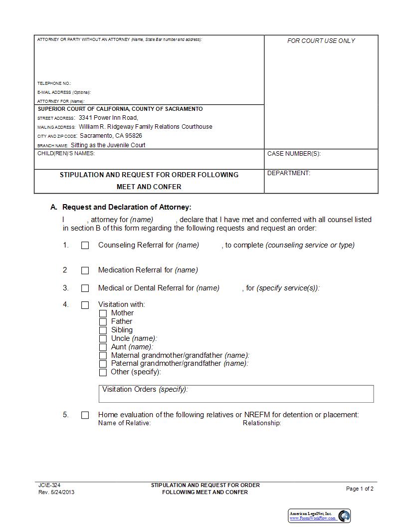 Stipulation And Request For Order Following Meet And Confer {JC-E-324} | Pdf Fpdf Docx | California