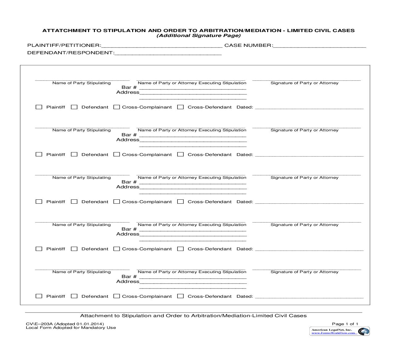Attachment To Stipulation And Order To Arbitration-Mediation-Limited Civil Cases {CV-E-203A} | Pdf Fpdf Doc Docx | California