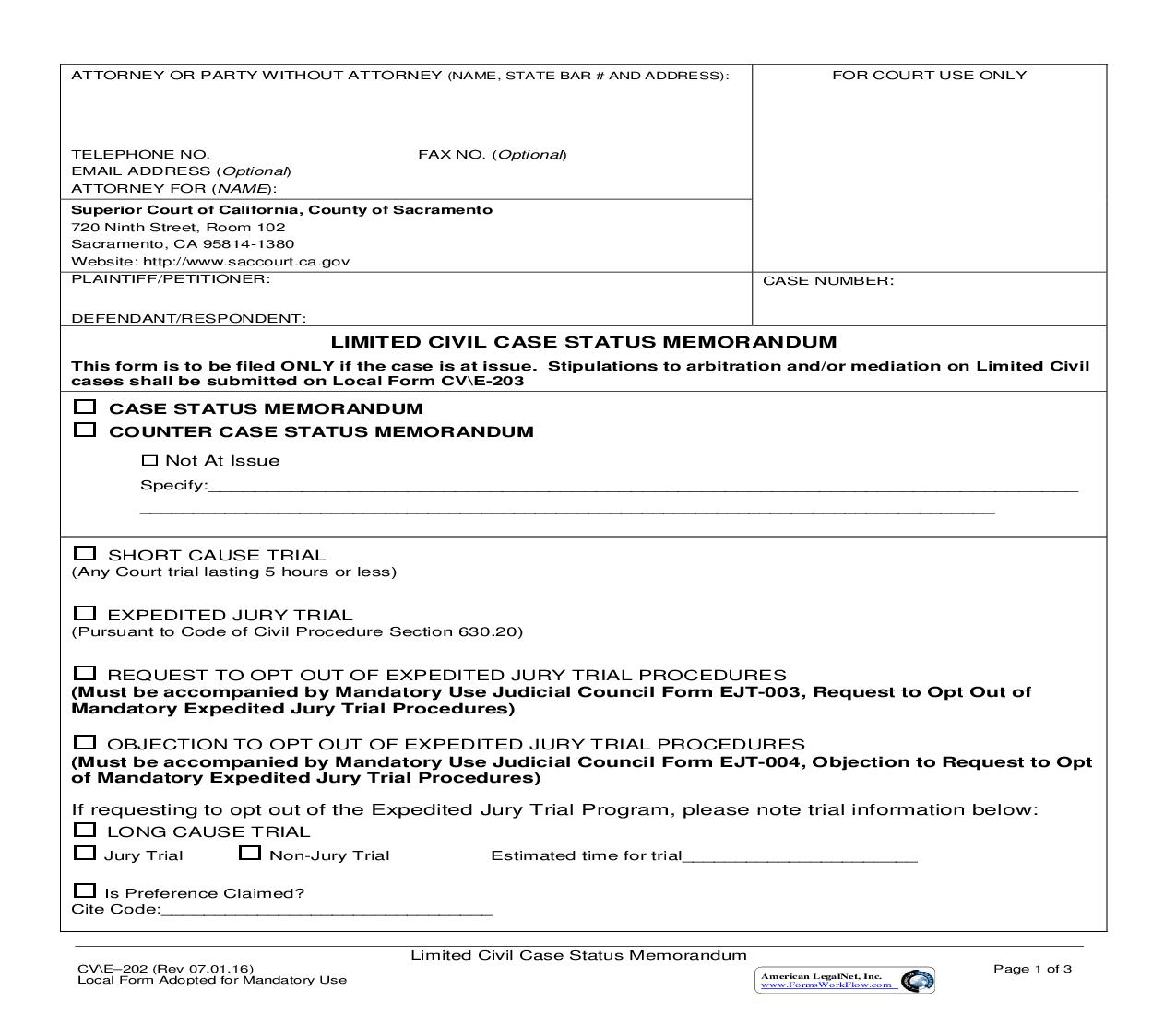 Limited Civil Case Status Memorandum {CV-E-202} | Pdf Fpdf Doc Docx | California