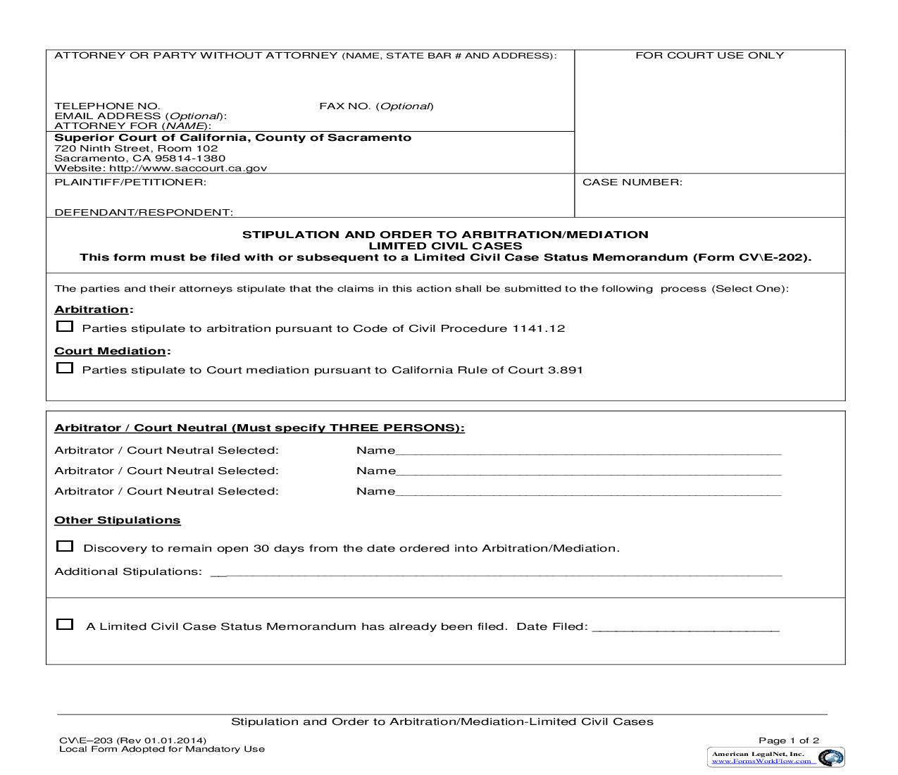 Stipulation And Order To Arbitration-Mediation-Limited Civil Cases {CV-E-203} | Pdf Fpdf Doc Docx | California