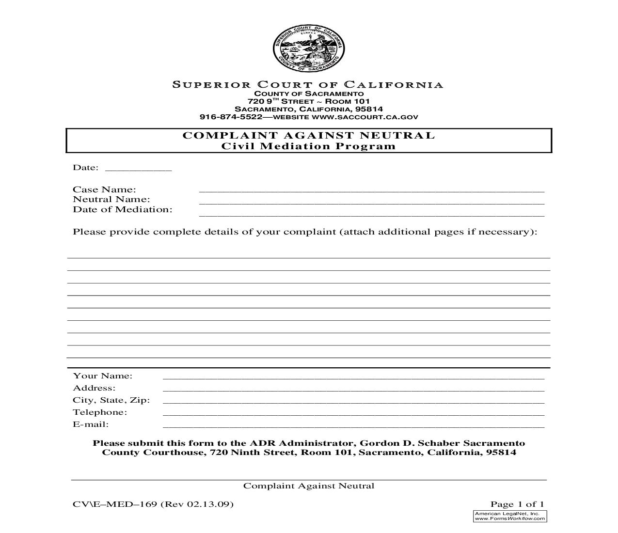 Complaint Against Neutral {CV-E-MED-169} | Pdf Fpdf Doc Docx | California