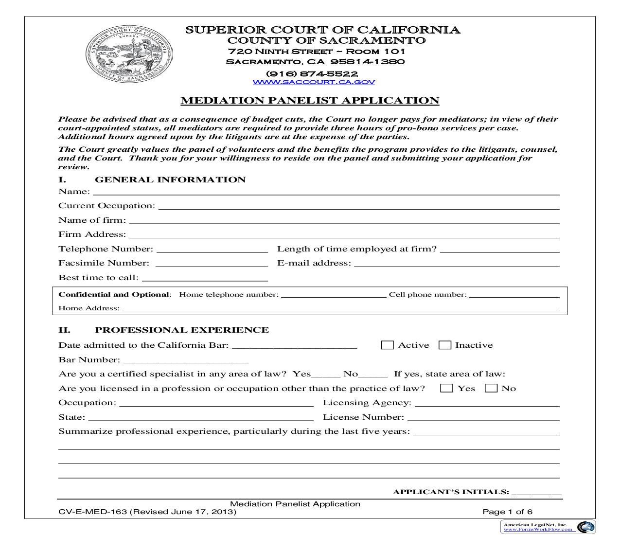 Mediation Panelist Application {CV-E-163} | Pdf Fpdf Doc Docx | California