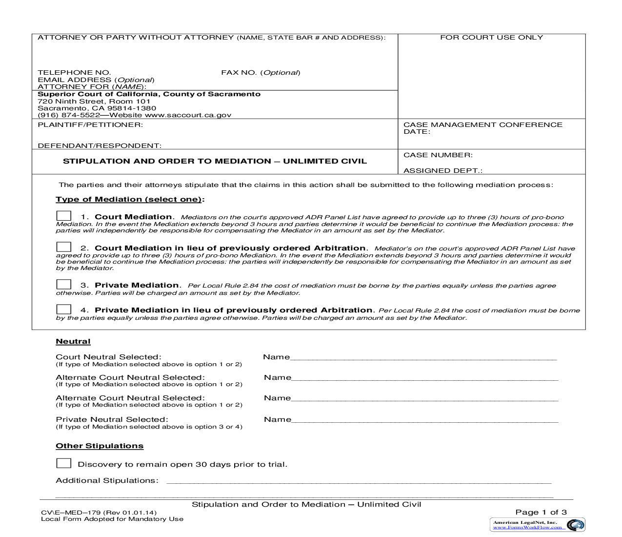 Stipulation And Order To Mediation {CV-E-MED-179} | Pdf Fpdf Doc Docx | California