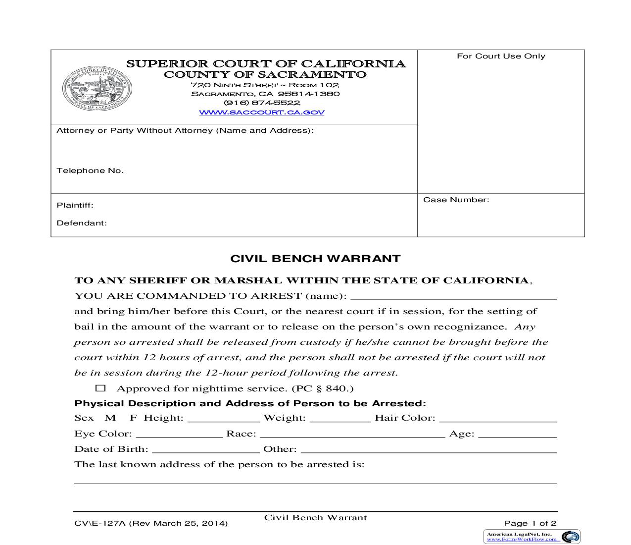 Civil Bench Warrant (Order Of Examination) {CV-E-127A} | Pdf Fpdf Doc Docx | California