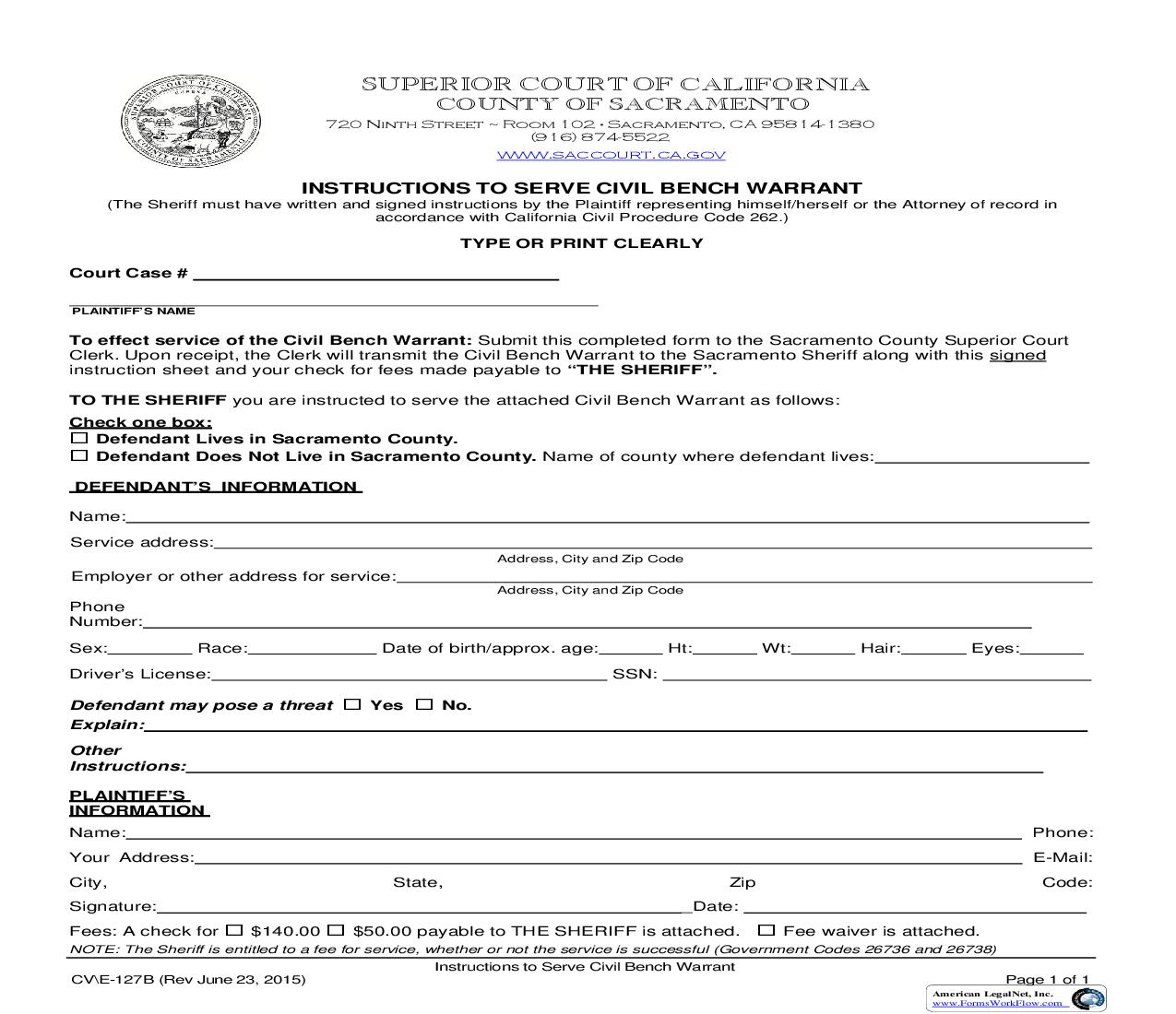 Instructions To Serve Civil Bench Warrant (Order Of Examination) {CV-E-127B} | Pdf Fpdf Doc Docx | California