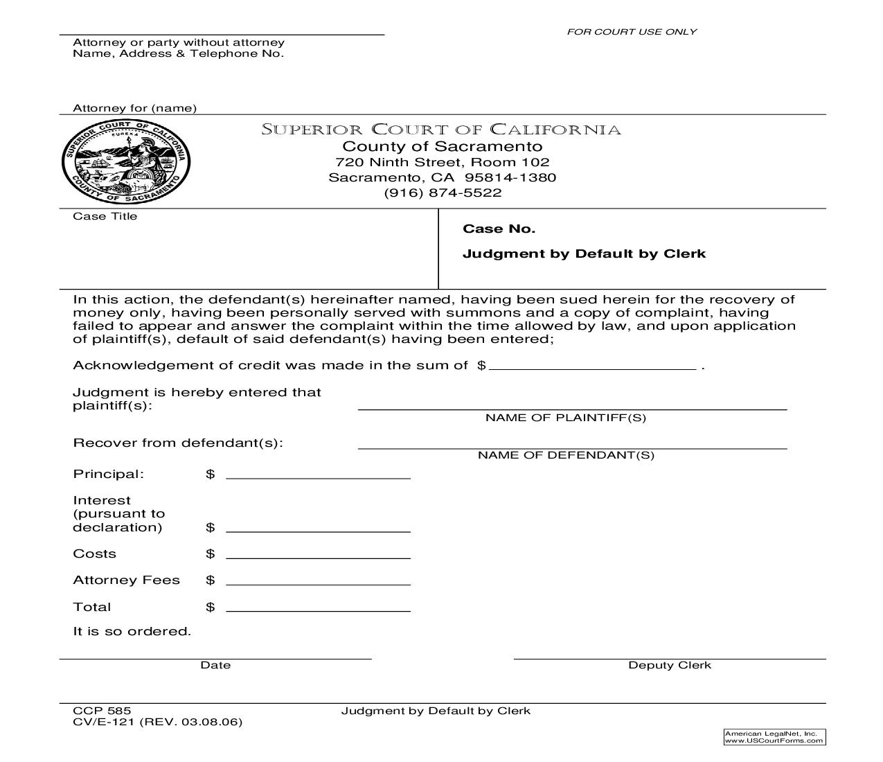 Judgment By Default By Clerk {CV-E-121} | Pdf Fpdf Doc Docx | California