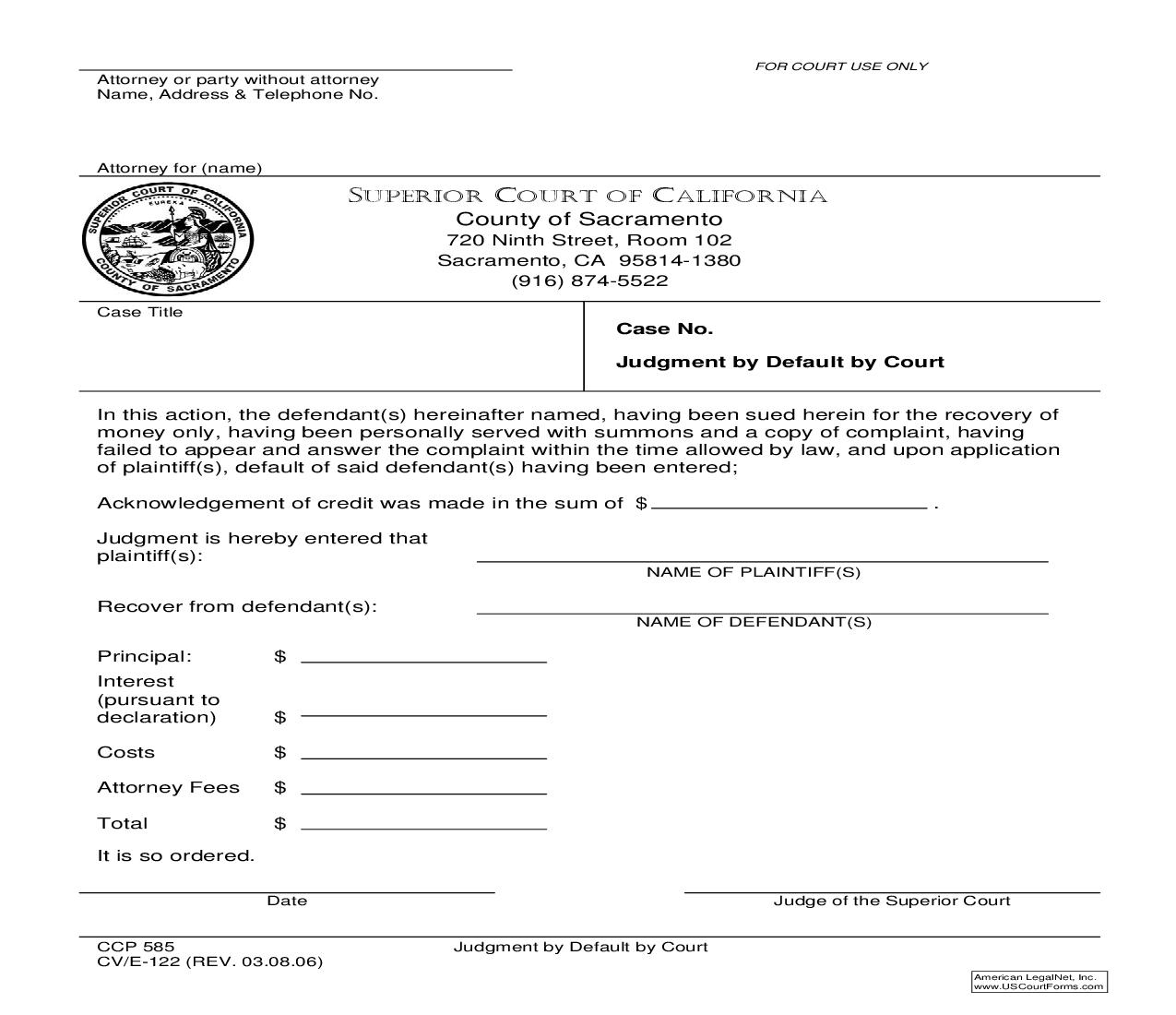 Judgment By Default By Court {CV-E-122} | Pdf Fpdf Doc Docx | California