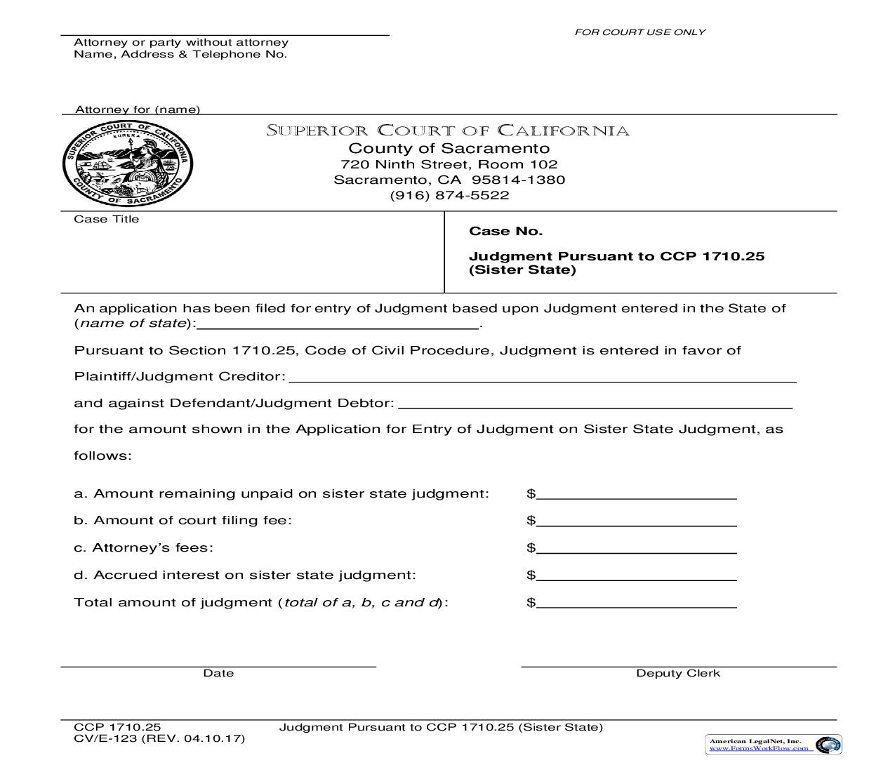 Judgment Pursuant To CCP 1710.25 (Sister State) {CV-E--123} | Pdf Fpdf Doc Docx | California