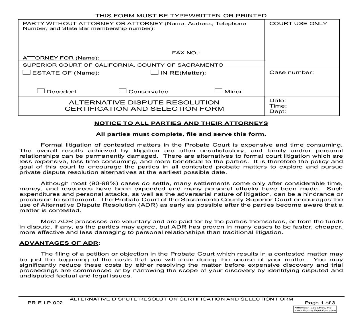 Alternative Dispute Resolution Certification And Selection Form {PR-E-LP-002} | Pdf Fpdf Doc Docx | California