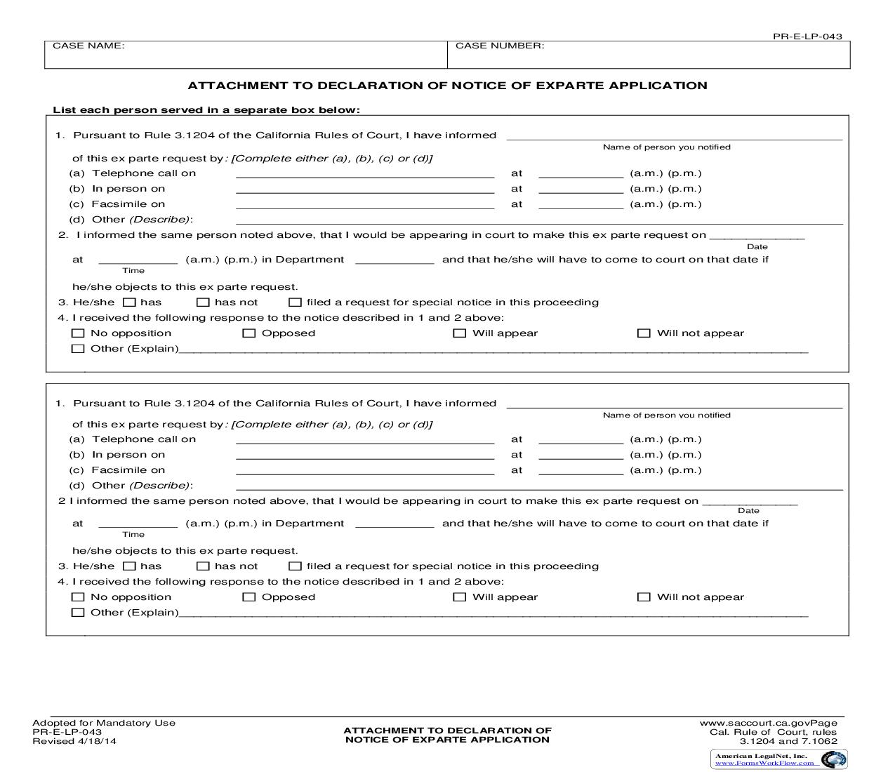 Attachment To Declaration Of Notice Upon Ex Parte Application {PR-E-LP-043} | Pdf Fpdf Doc Docx | California