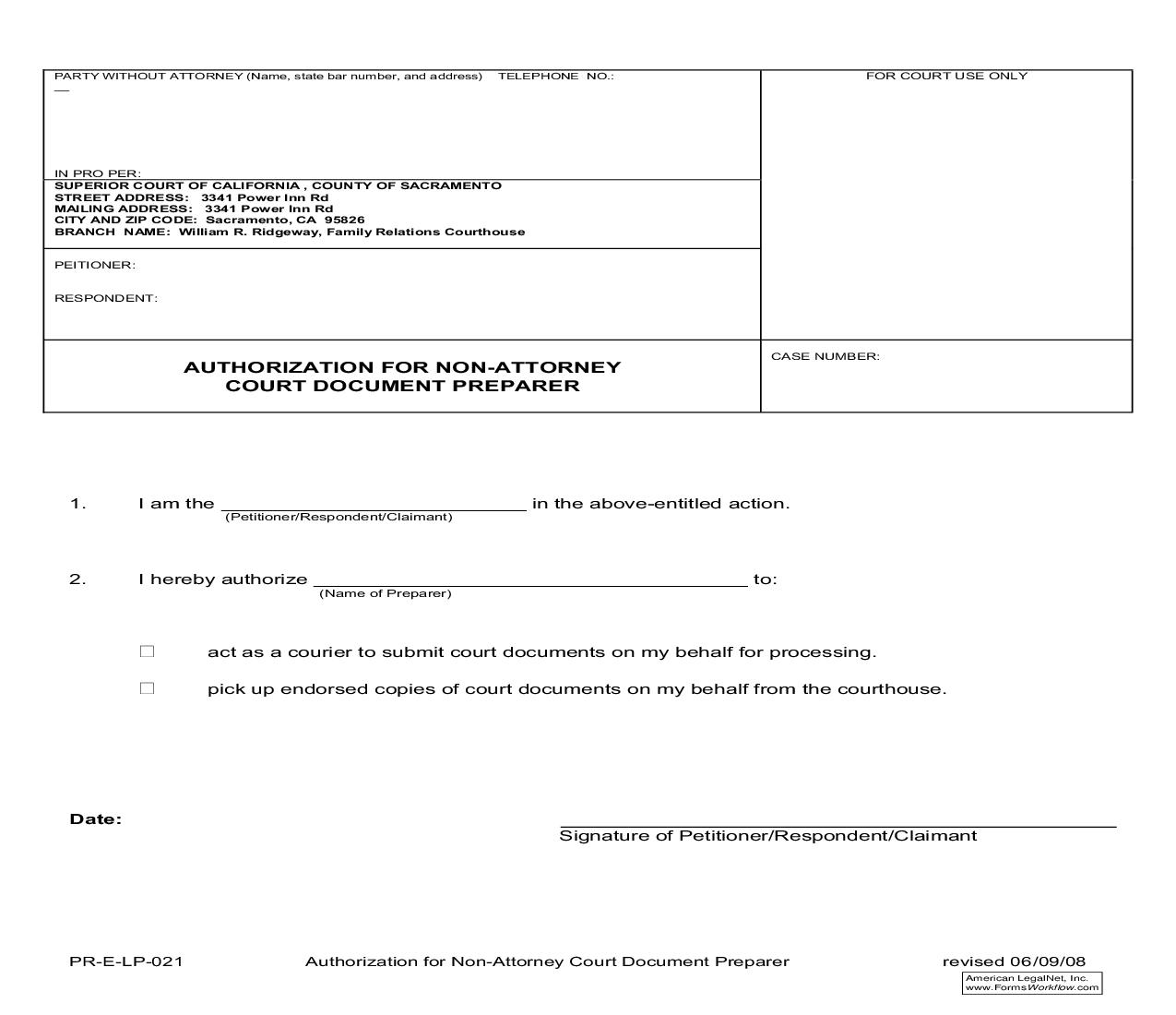 Authorization For Non-Attorney Court Document Preparer (Probate) {PR-E-LP-021} | Pdf Fpdf Doc Docx | California