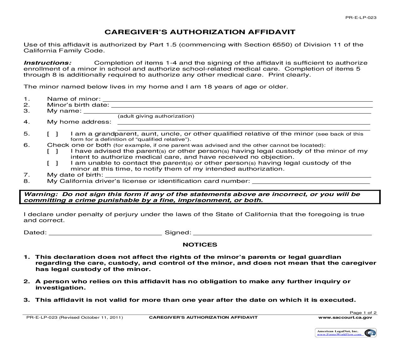 Caregivers Authorization Affidavit {PR-E-LP-023} | Pdf Fpdf Doc Docx | California