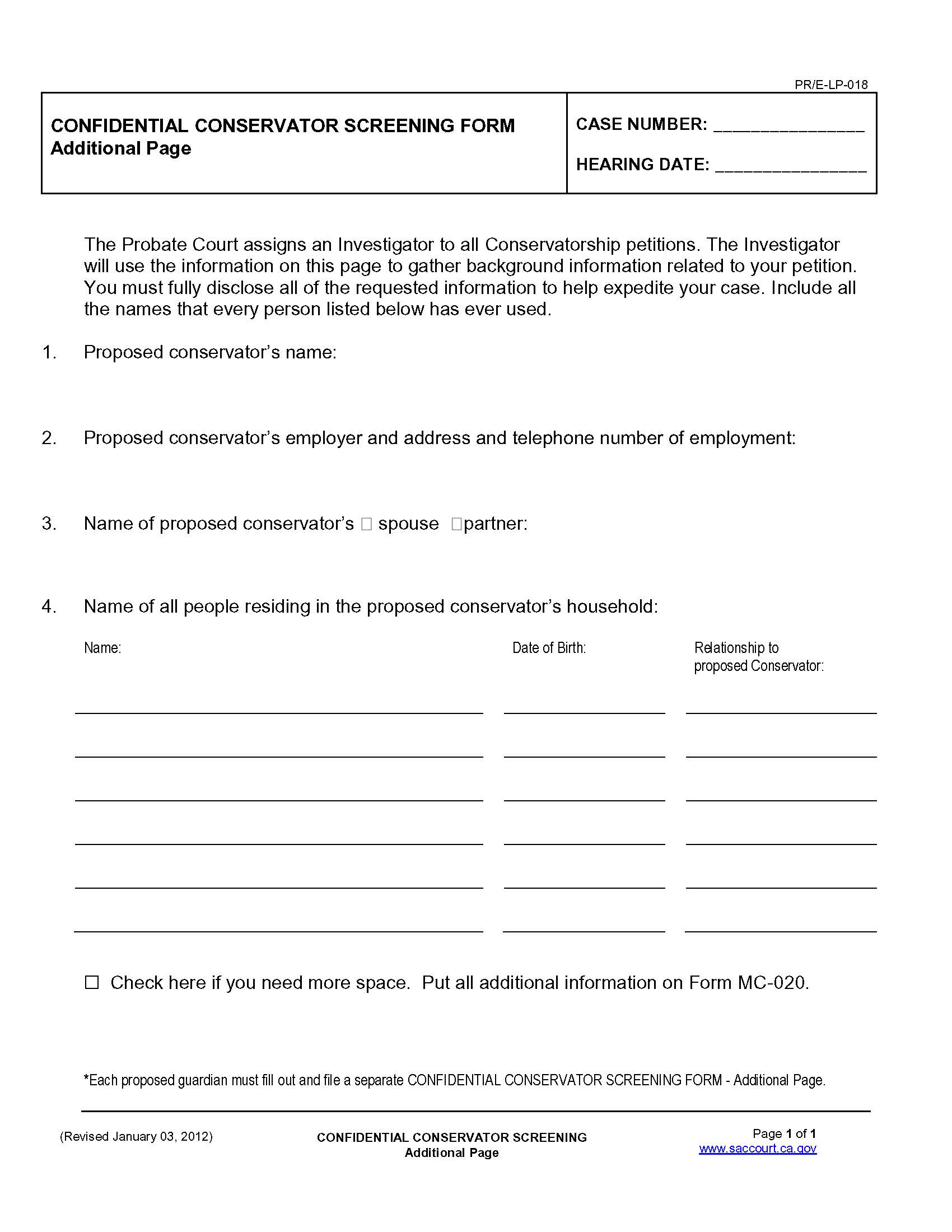 Confidential Conservator Screening Form Additional Page {PR-E-LP-018} | Pdf Fpdf Doc Docx | California