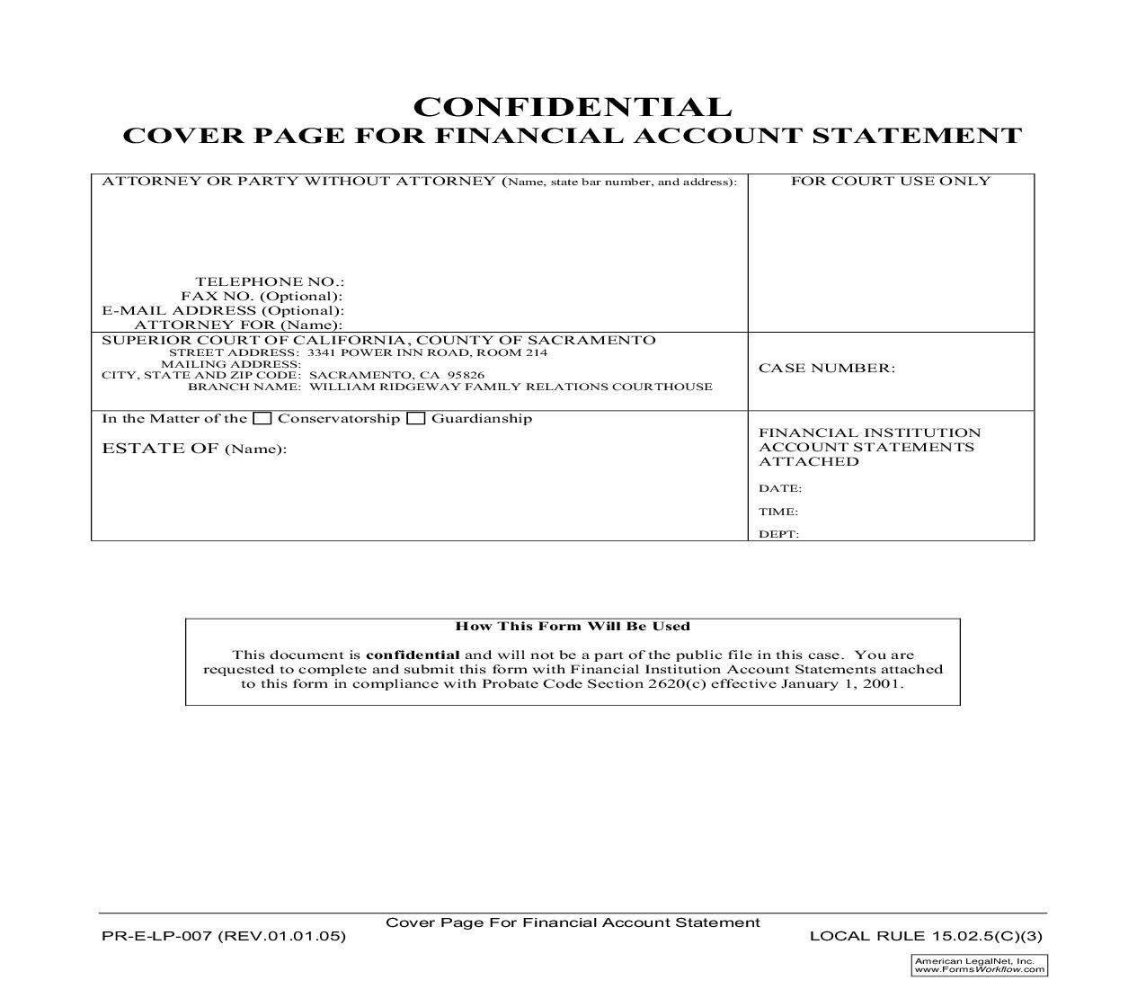 Confidential Cover Page For Financial Account Statement {PR-E-LP-007} | Pdf Fpdf Doc Docx | California