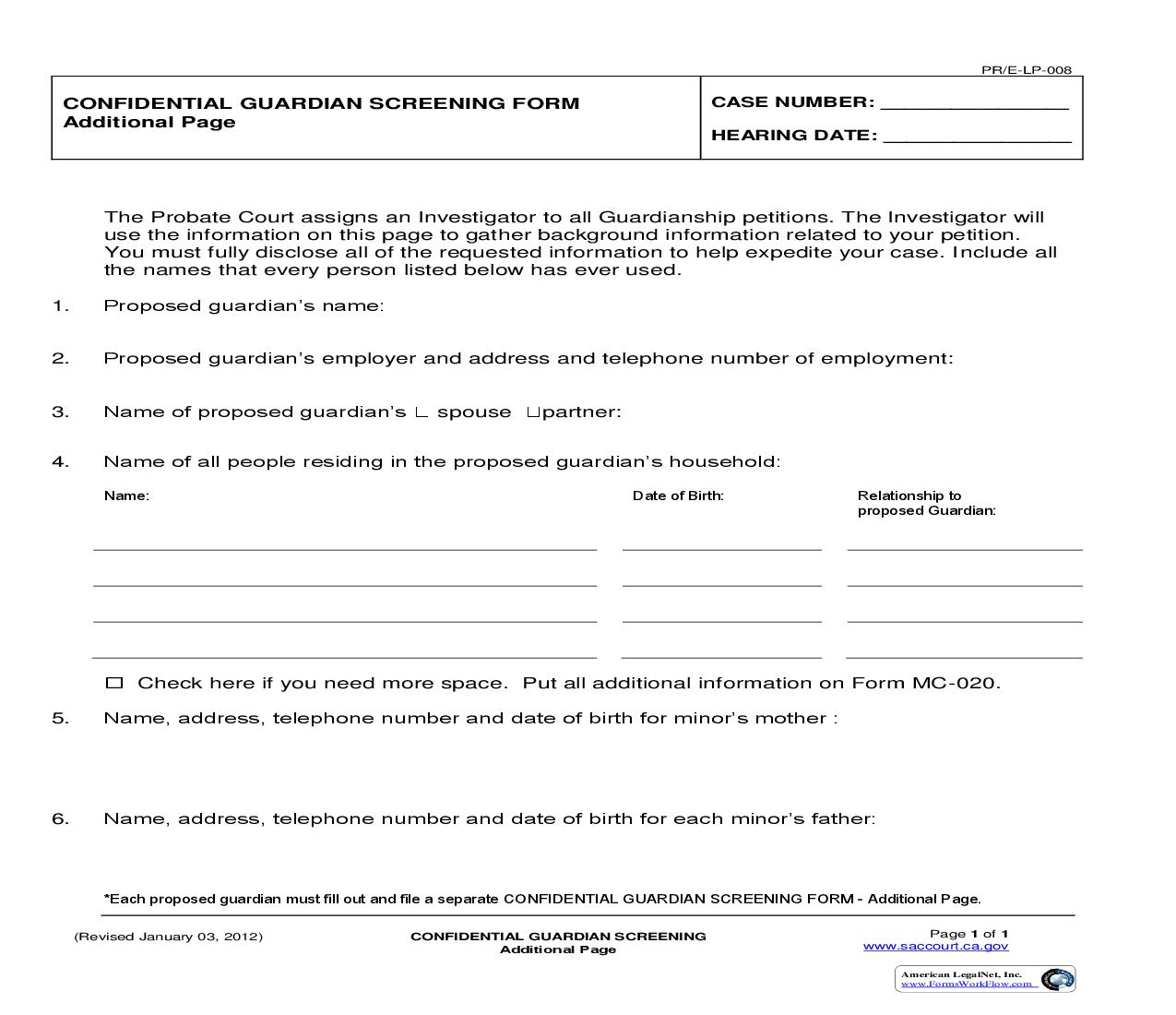 Confidential Guardian Screening Form Additional Page {PR-E-LP-008} | Pdf Fpdf Doc Docx | California