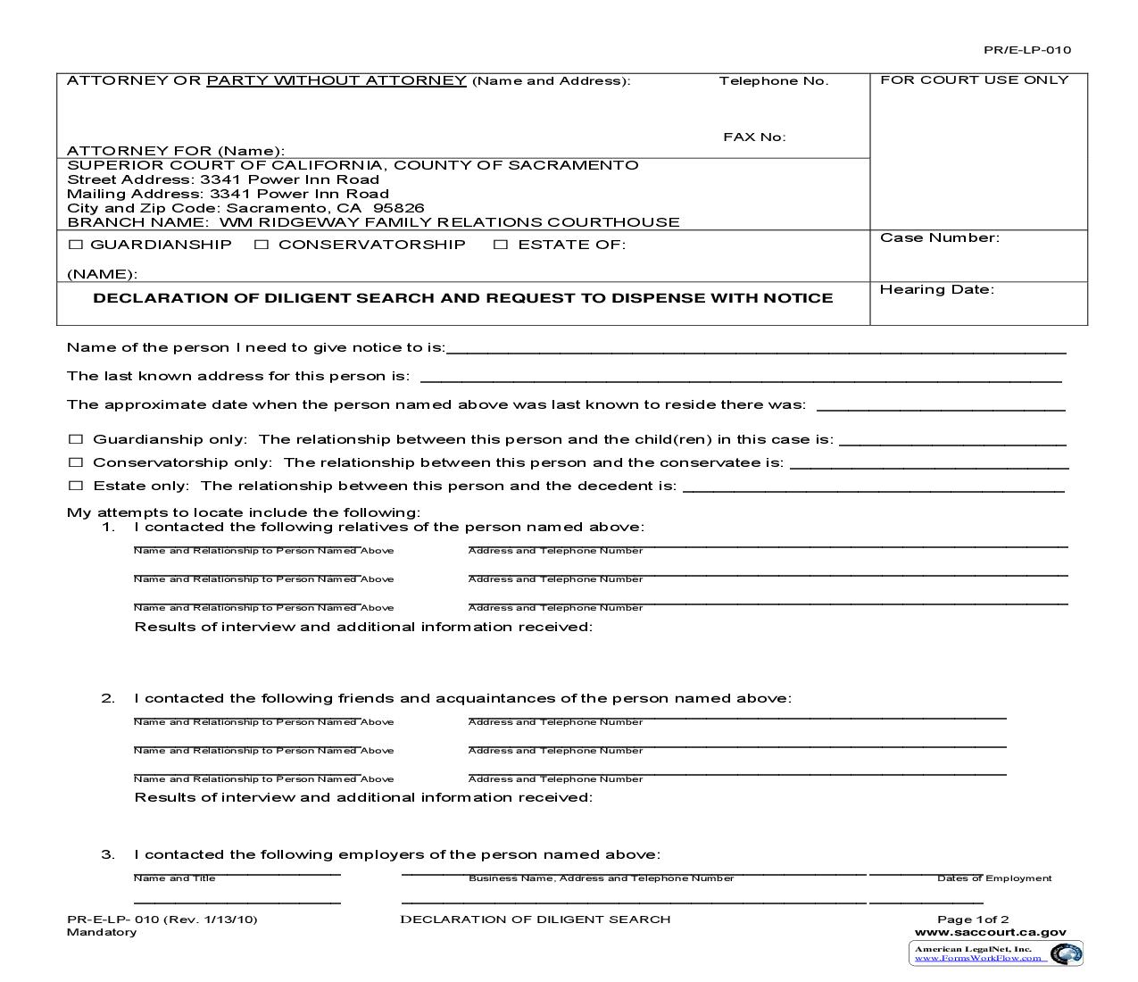 Declaration Of Diligent Search {PR-E-LP-010} | Pdf Fpdf Doc Docx | California