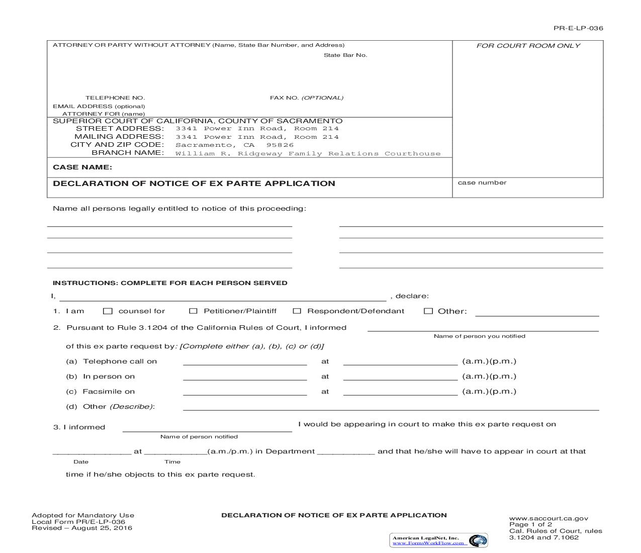 Declaration Of Notice Upon Ex Parte Application {PR-E-LP-036} | Pdf Fpdf Doc Docx | California